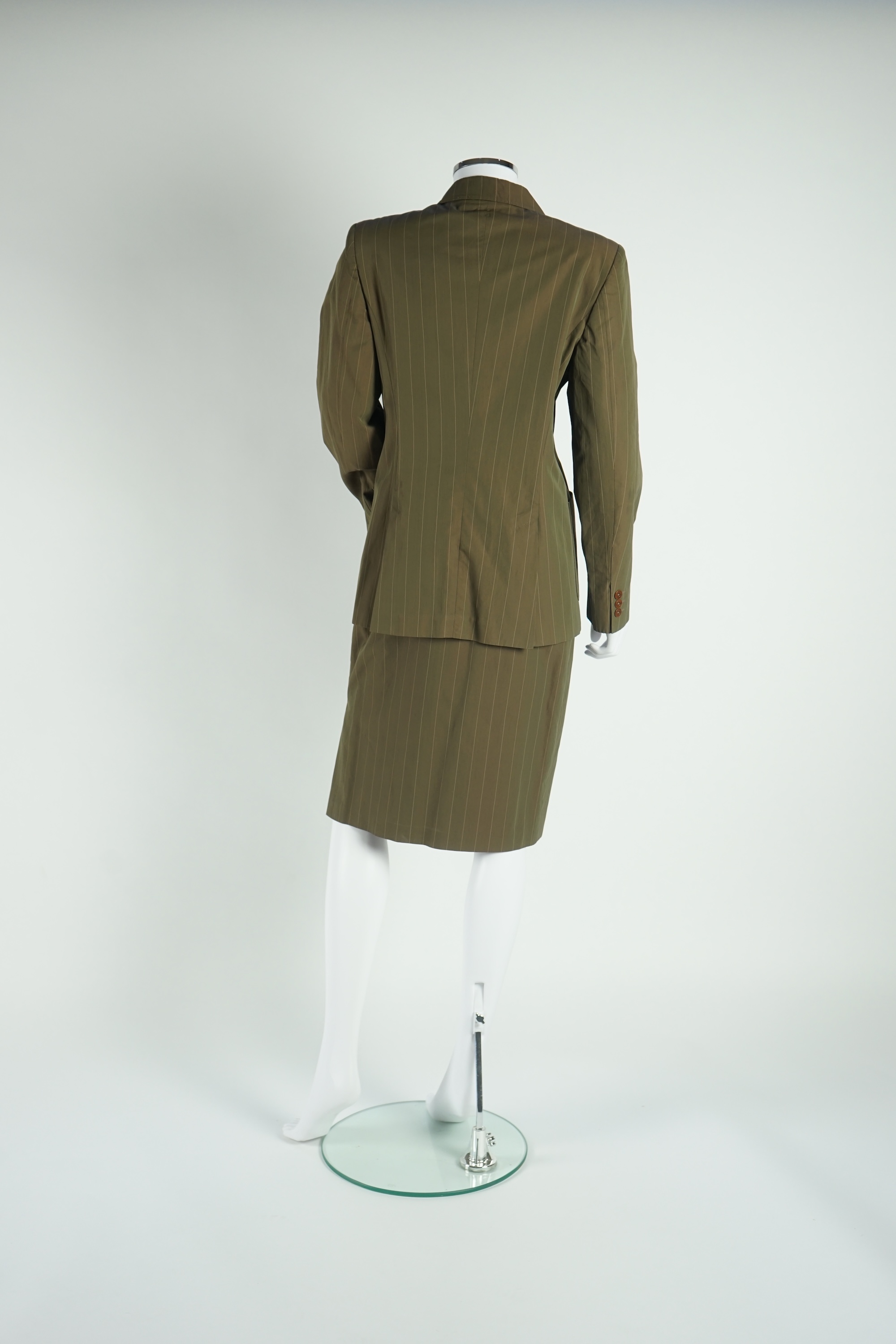 A Max Mara lady's brown pinstripe skirt suit and a Giorgio Armani camel cashmere? single breasted jacket, Suit Size 12 and jacket size EU 42